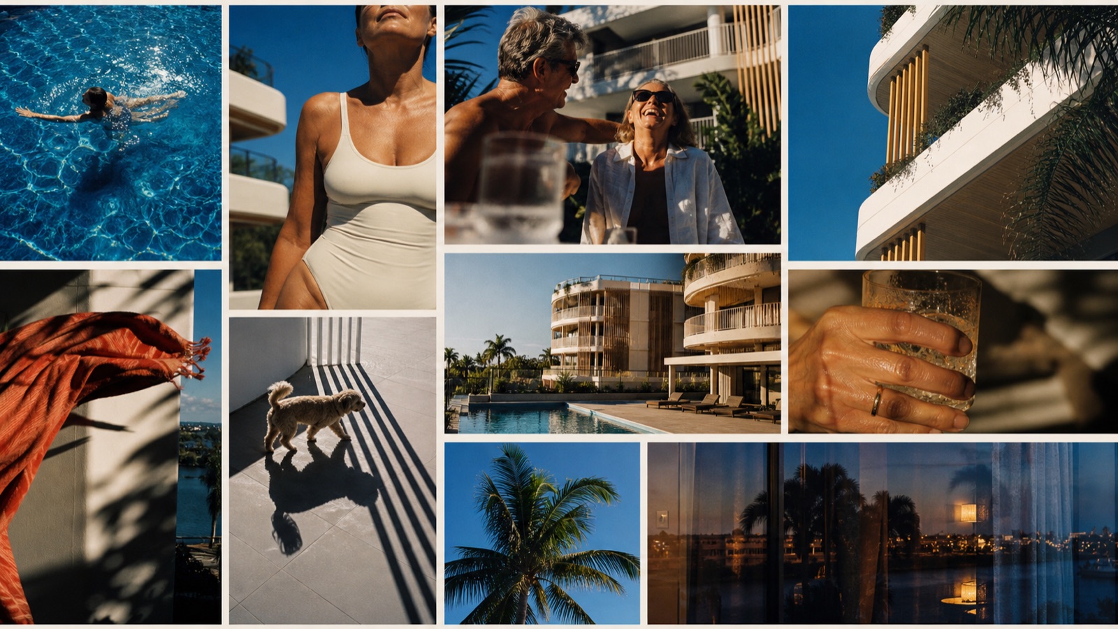 KOKOMO aesthetic concept board featuring a cobalt pool, hard sunlight, mature figures, rust-red accents, architectural shadows and night reflections.