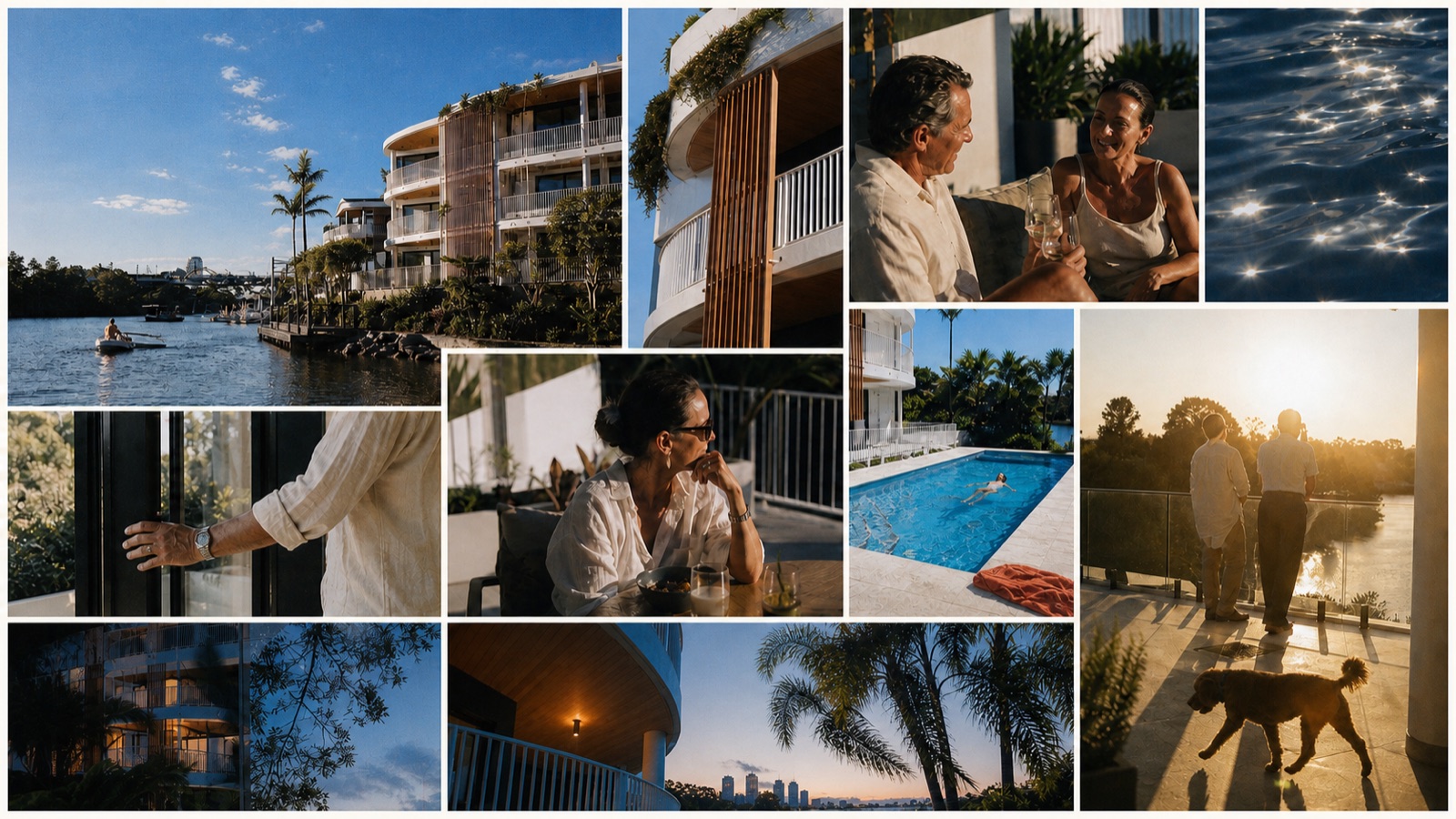 KOKOMO lifestyle concept board featuring a mature couple, waterside living, timber architecture, golden sunset and quiet blue-hour moments.